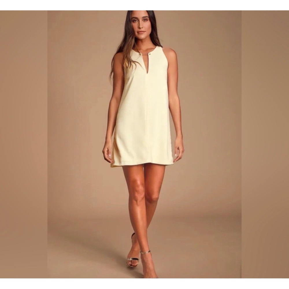 Lulus Near or Bar Dress Small Cream Gold Bar Detail V-Neck Mini Cocktail Party